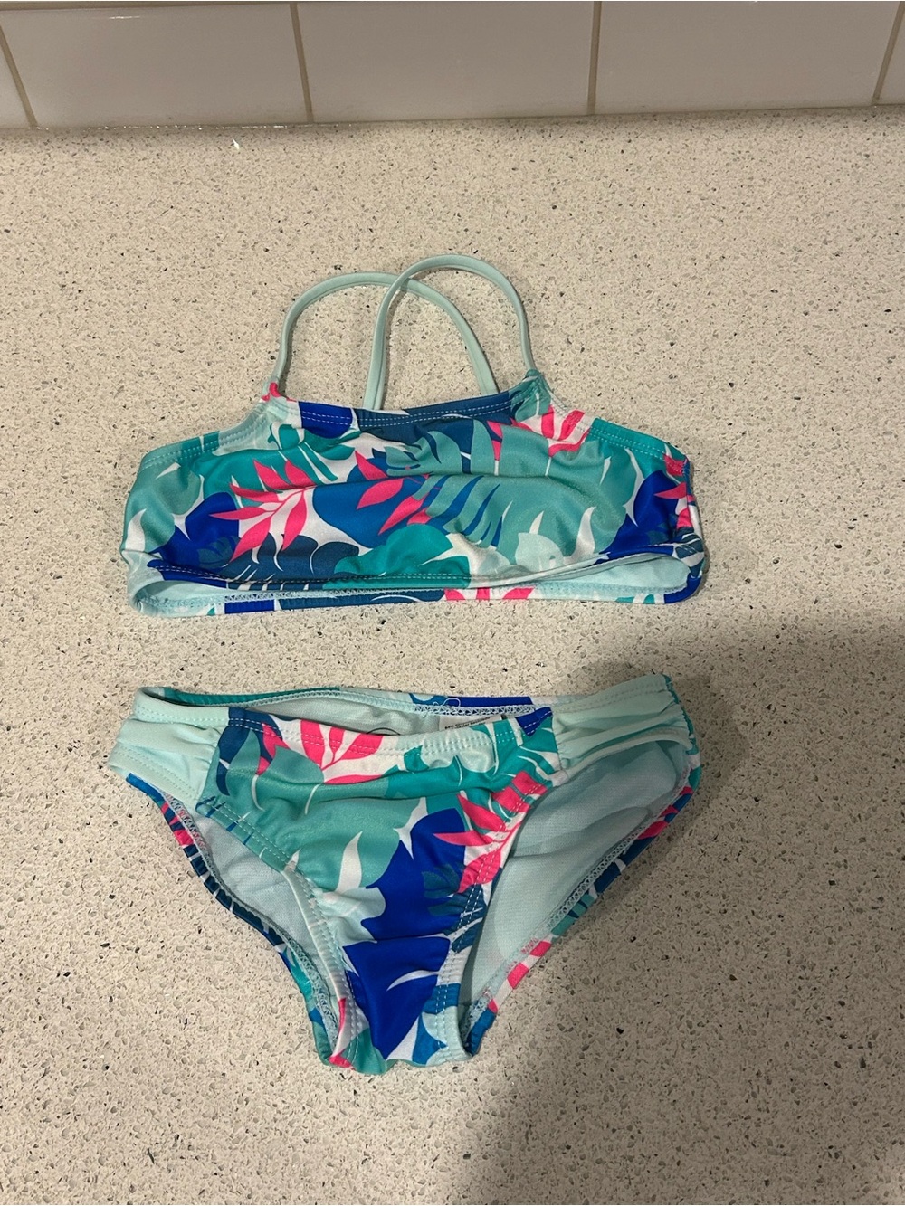 Girls' Tropical Leaf Bikini - Aqua Pink Green, Size XS 4/5